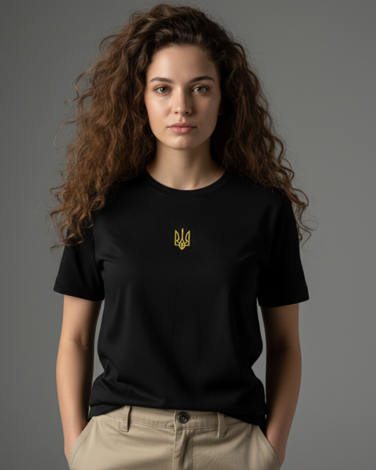 Жіноча чорна футболка вишита з маленьким Гербом на грудях XXL Київ - фото 1