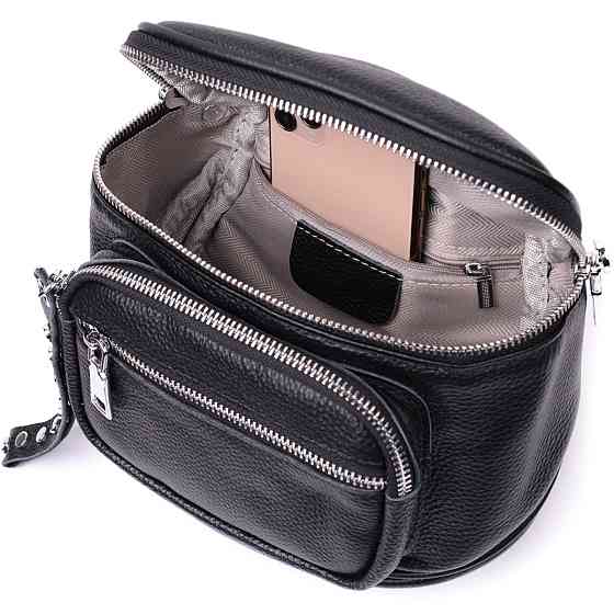 Сумка для женщин с декором в виде кнопок из натуральной кожи Черная (Vintage) Киев