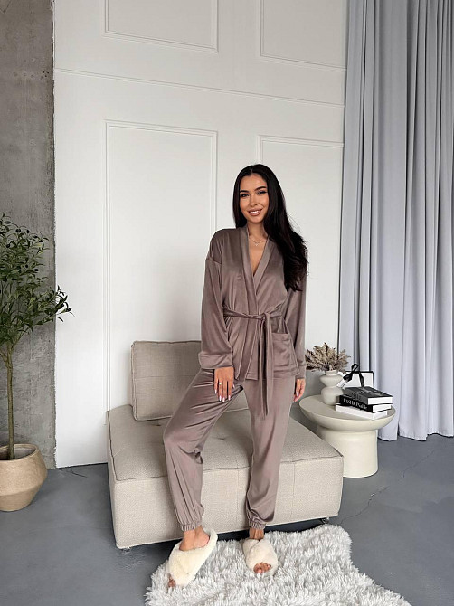 Женский стильный домашний велюровый комплект тройка Капучино Одесса - изображение 5