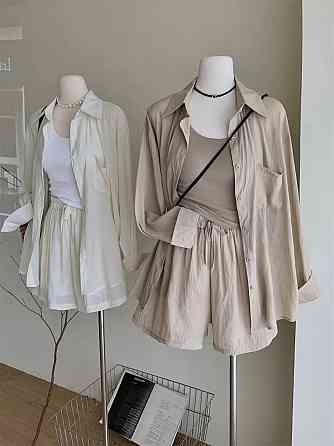 Женский базовый летний костюм двойка: рубашка и шорты креп жатка 42/44, Беж Одесса