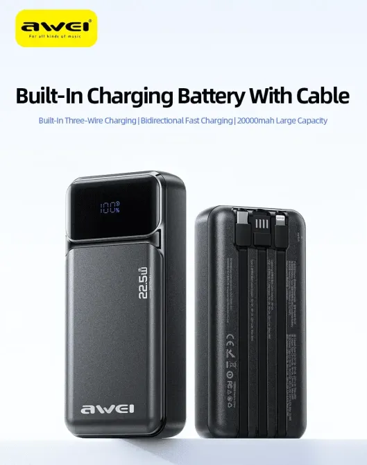 Зовнішній акумулятор Power Bank AWEI PA-93 20000 мАг 22.5W QC3.0 PD дисплей швидка зарядка LED індикатор Одеса - фото 6