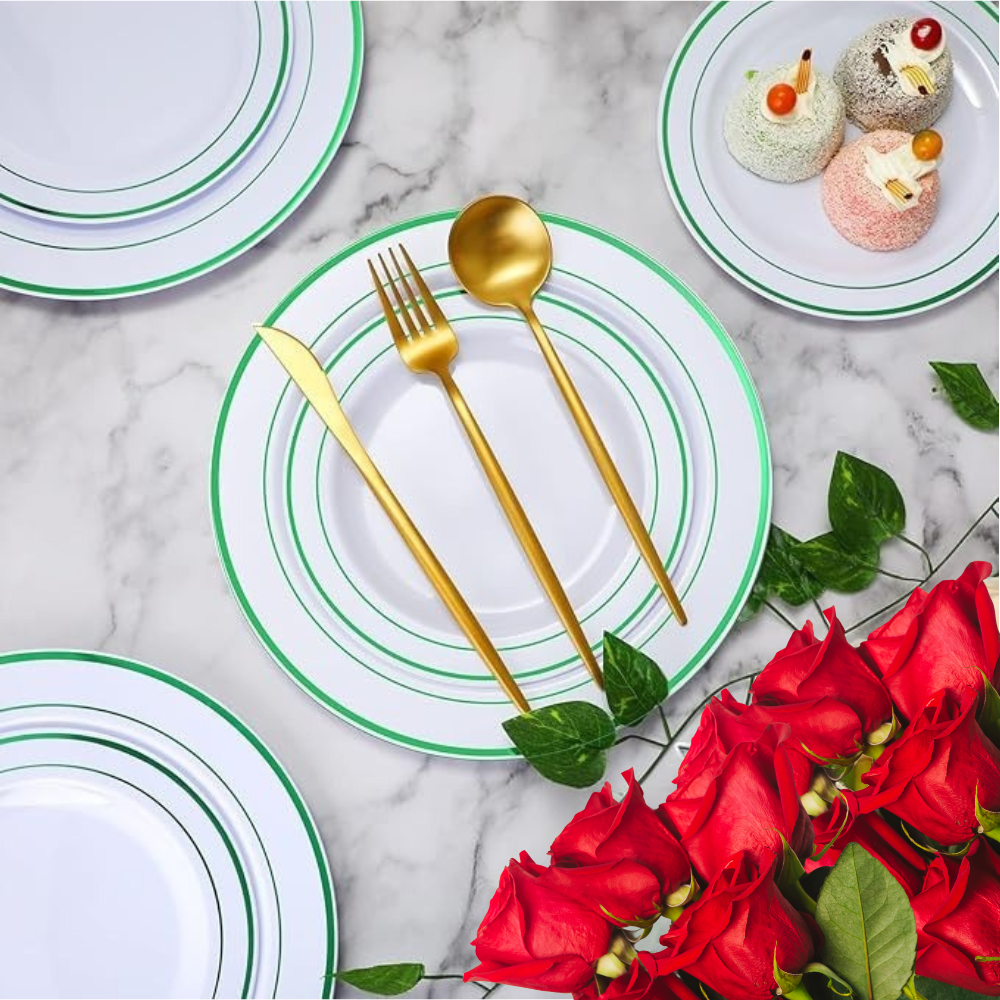 Набор тарелок пластиковых круглые 12 шт, десертные 19 см и обеденные 26 см,белые с зелёном контуром Каменец-Подольский - изображение 2
