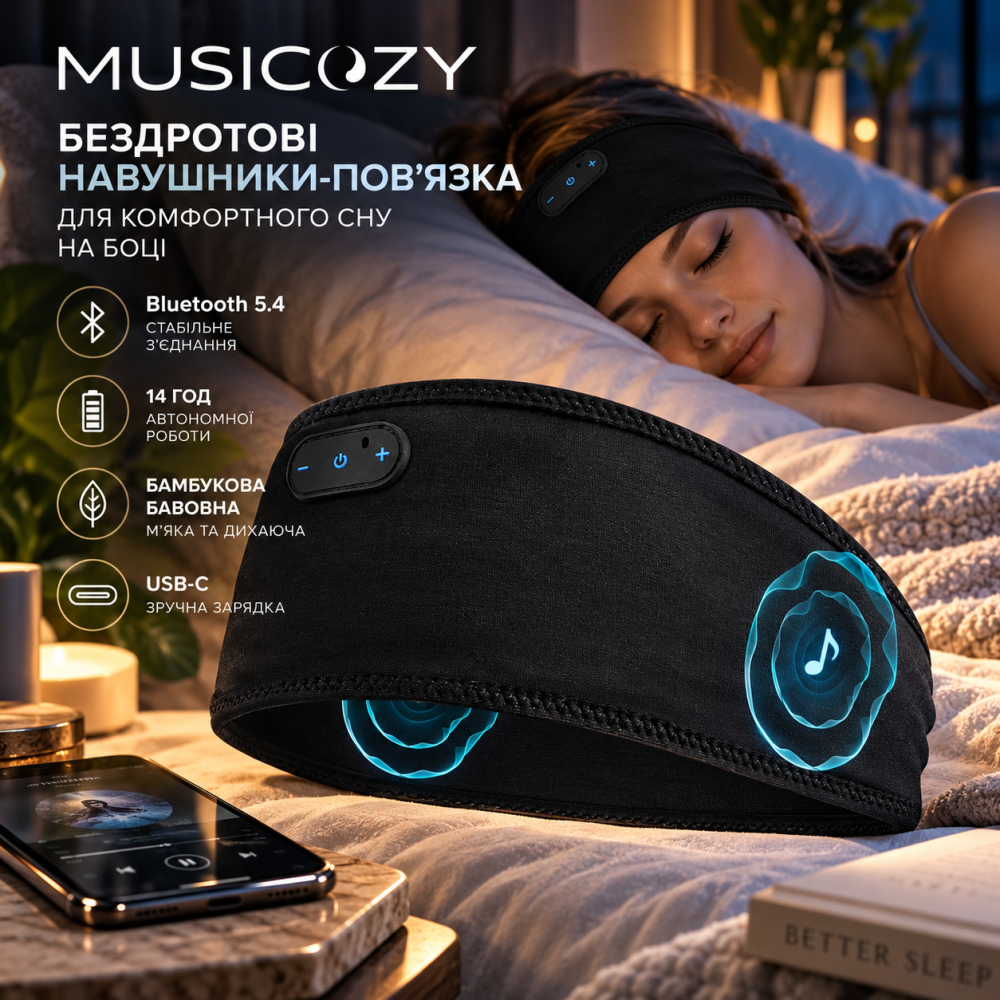 Бездротові навушники-пов'язка MUSICOZY GH01 для сну на боці, Bluetooth 5.4, бамбукова бавовна, 14 год, USB-C, чорні Київ - фото 1