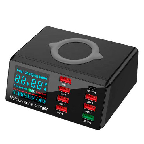 Сетевая зарядная станция 8x USB и беспроводная зарядка, PD QC3.0 LED, WLX-X9 Винница - изображение 1