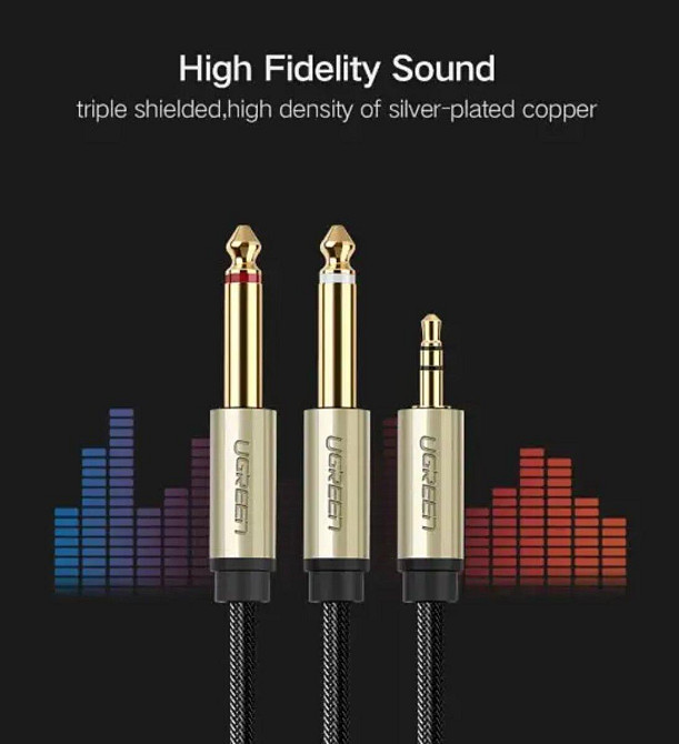 Аудіо кабель UGREEN AV126 3.5mm TRS to Dual 6.35mm TS Audio Cable 2m (Gray)(UGR-10615) Миколаїв - фото 4