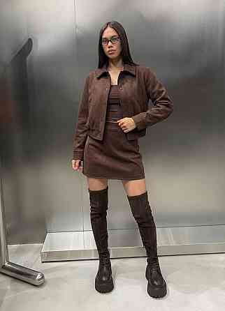 Жіночий стильний повсякденний замшевий бомбер із мініспідницею Шоколад, 44/46 Одеса