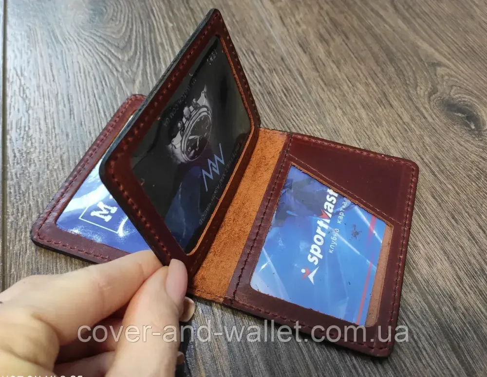 Шкіряна обкладинка на ID паспорт і авто права з додатковим клапаном Бордовий Київ - фото 6
