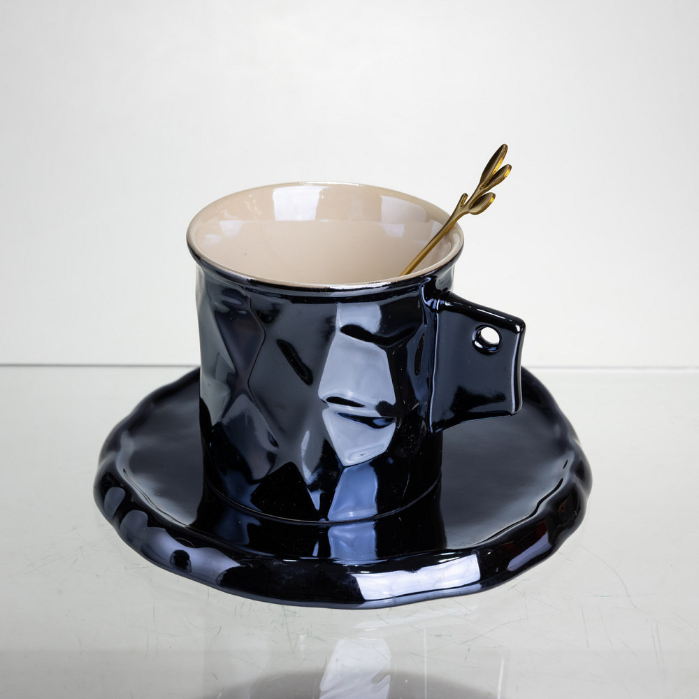 Yiwu Чашка порцелянова для кави 200 (мл) з блюдцем і ложкою, гарна чашка в подарунок Чорний FM- Коломия - фото 3