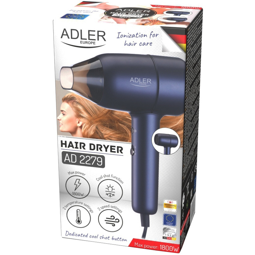 Фен Adler AD 2279b blue 1800Вт/ 2 швидкості/ хол.обдув/ темп.режимів-2/іонізація/ насадки - 1 шт. Вінниця - фото 8