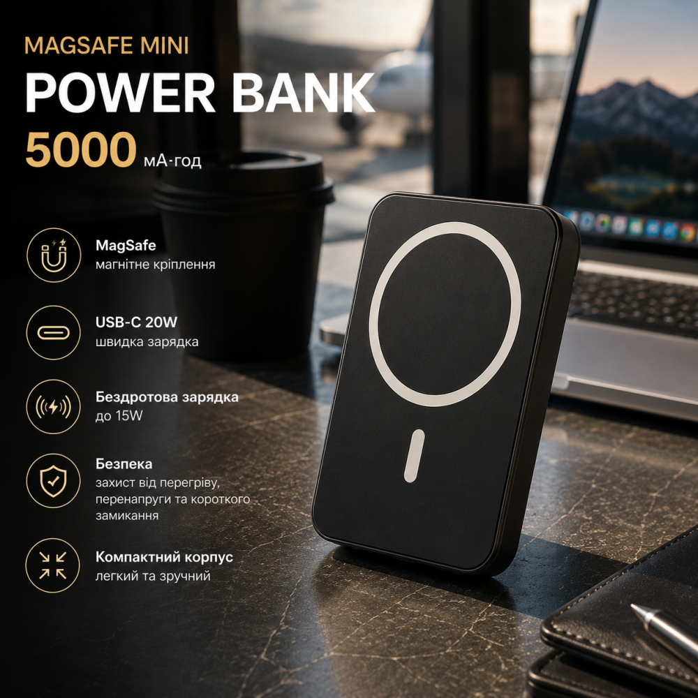 Повербанк MagSafe mini 5000 мАч 20Вт Power Bank беспроводной USB Type-C Черный Киев - изображение 10