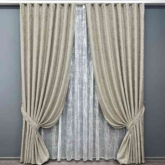 Комплект штор VR-Textil Льон Мармур 150х270 2шт і Тюль 600х270 1272ш-1400т Теплий бежевий з білим 71-135/5 Київ