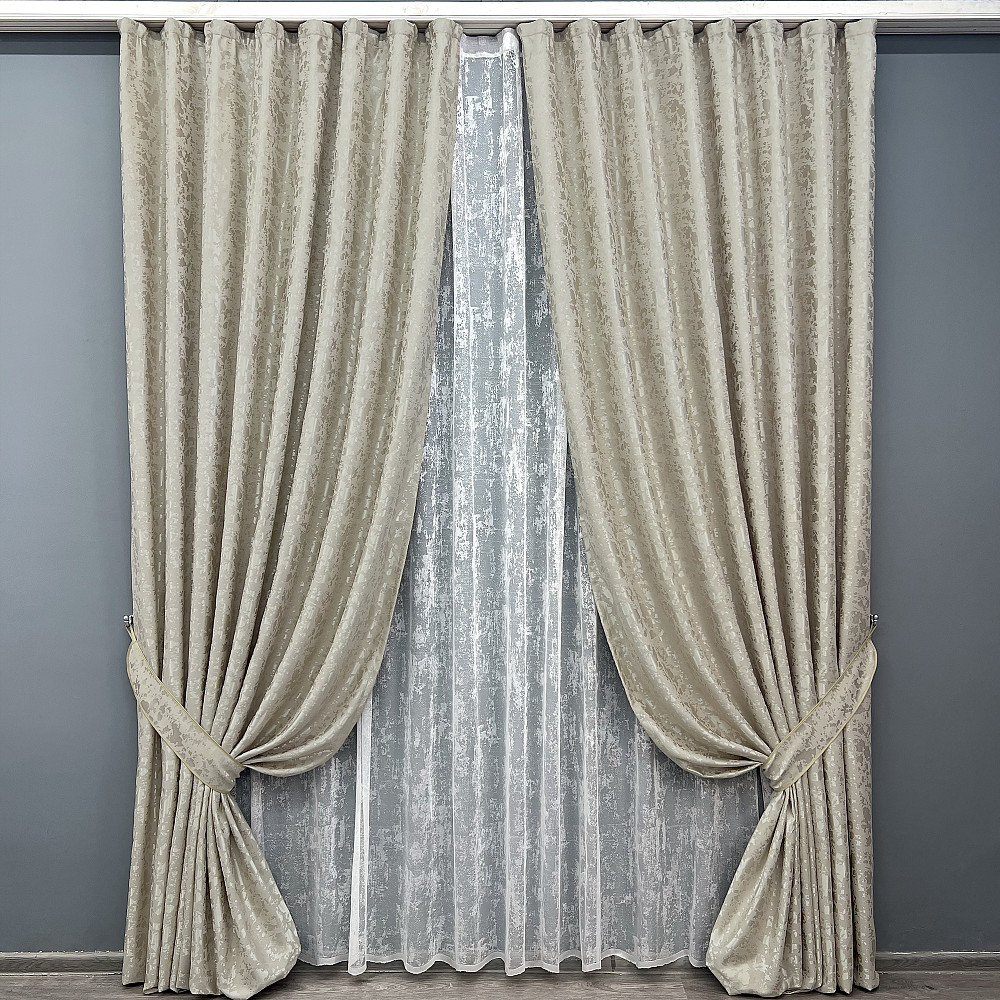 Комплект штор VR-Textil Льон Мармур 150х270 2шт і Тюль 600х270 1272ш-1400т Теплий бежевий з білим 71-135/5 Київ - фото 1