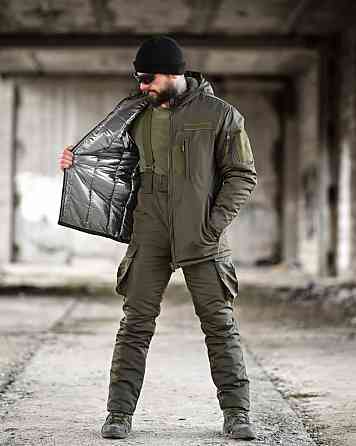 Зимний тактический мужской костюм хаки куртка штаны на синтепоне с подтяжками теплый закрывает поясницу 52 Одесса