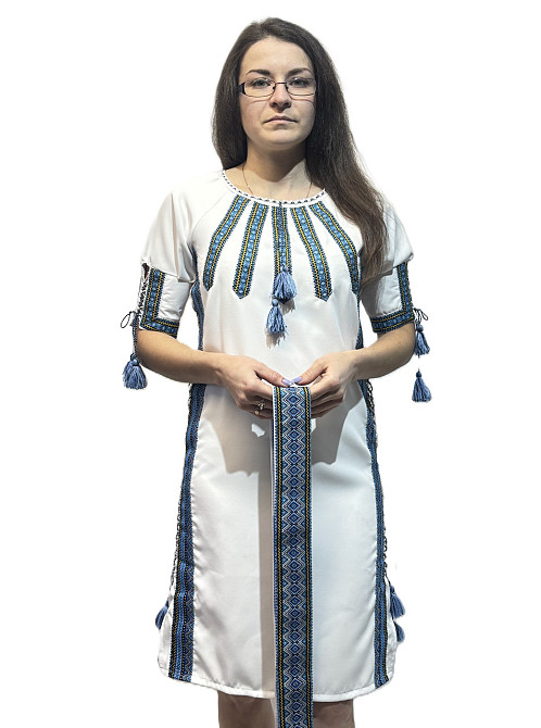 Жіноча вишита національна сукня з регулюючою шнурівкою по боках з синім орнаментом Київ - фото 3