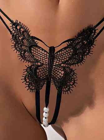 Трусики стрінги метелик мереживні з намистинами та доступом M/L чорні Вінниця