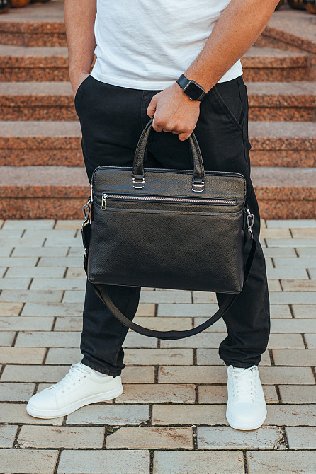 Кожаная мужская деловая сумка 38x29x8, папка портфель для работы Tiding Bag 30987 черная Винница - изображение 3