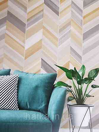 Шпалери вінілові Grandeco One roll one motif 2 IW2301 панно під дерево під паркет ялинка жовтий сірий бежевий Київ