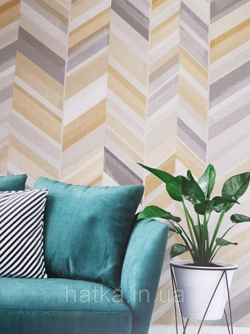 Шпалери вінілові Grandeco One roll one motif 2 IW2301 панно під дерево під паркет ялинка жовтий сірий бежевий Київ - фото 1