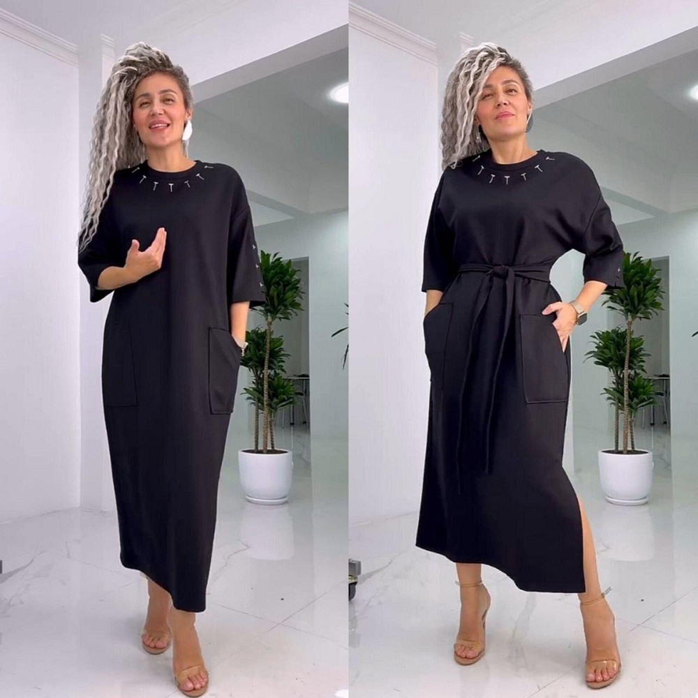 Женское стильное батальное платье трикотаж двунитка. Черный, 54/58 Одесса - изображение 8