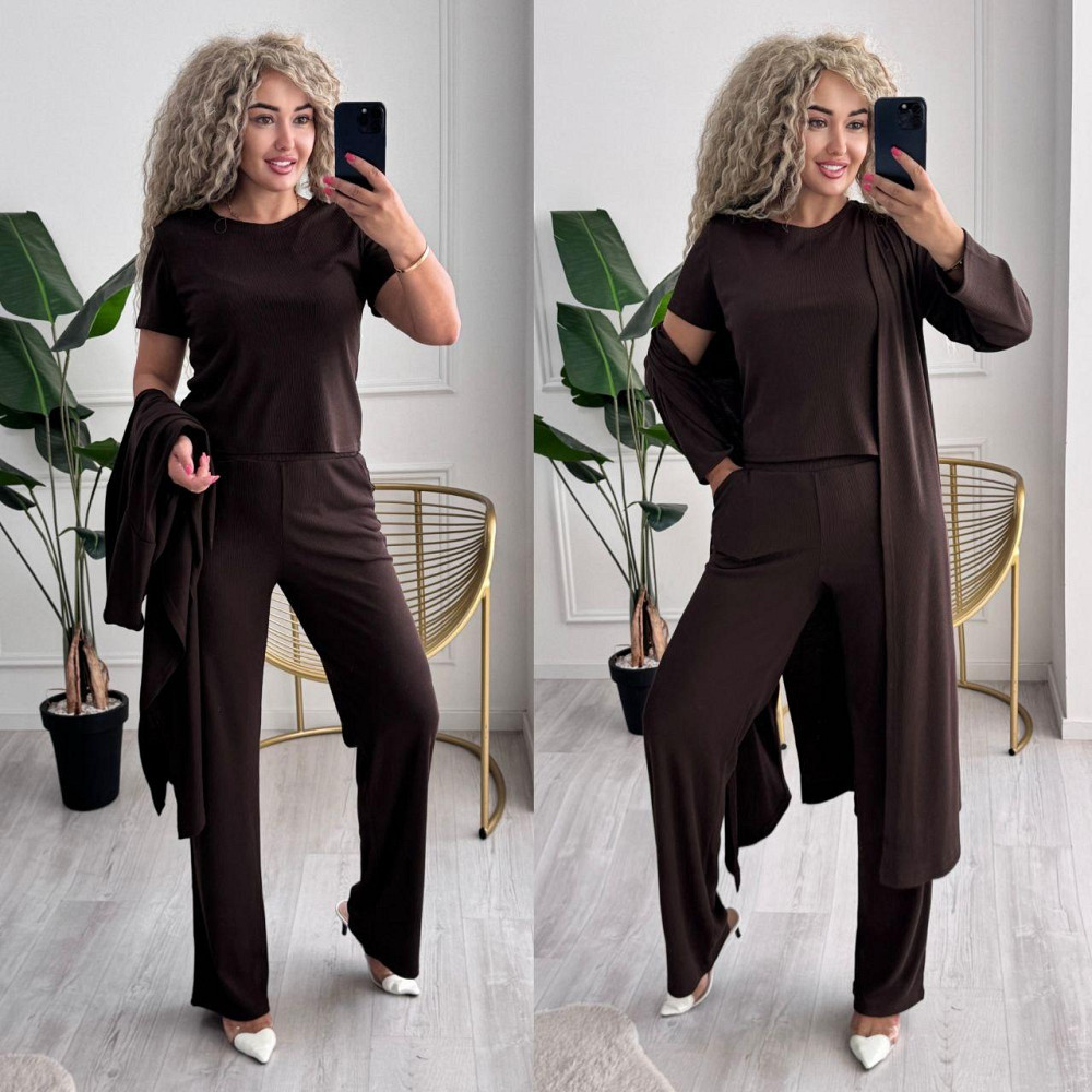 Женский базовый прогулочный костюм тройка: кардиган футболка и штаны трикотажный рубчик Шоколад, 50/52 Одесса - изображение 1