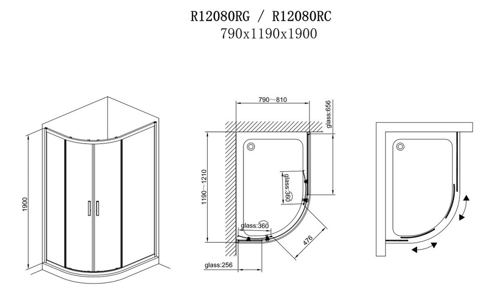 R12080RG Душова кабіна ROUND напівкругла 1200x800x1900 мм скло grape (2 частини) Київ - фото 3