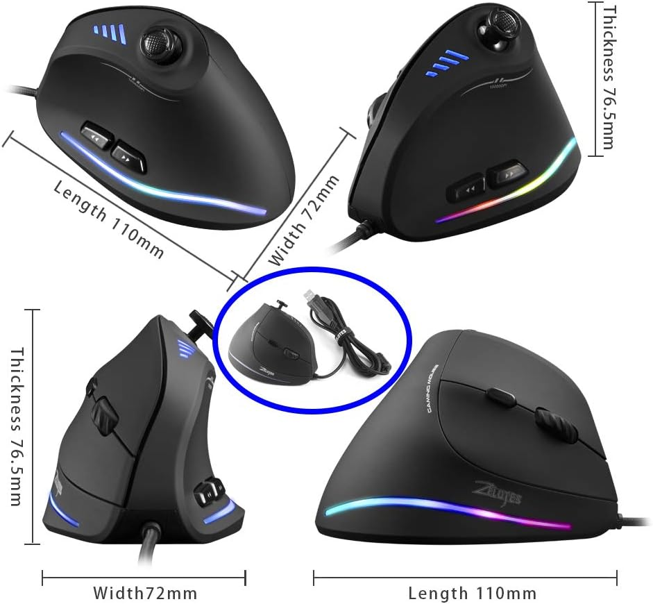 Игровая вертикальная мышь Zelotes C18 RGB, 10000 DPI, программируемая, проводная, PMW3325, эргономичная, с панелью управления Киев - изображение 8