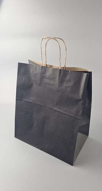 Пакет с ручками бумажный крафт бурий 310х200х350, 80г/м2, печать цвет ЧЕРНЫЙ (25 шт) Харьков - изображение 1