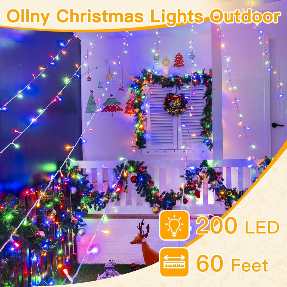 Різдвяні вогні Ollny 200LED 60FT для приміщень, багатокольорові підключаються, гірлянди для вулиці, 8 режимів, водонепроникні Київ - фото 2