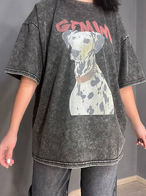 Футболка жіноча E-F 8089 варена тай дай оверсайз з малюнком собаки далматинець темно сіра, темно-сірий, 48 Київ - фото 17