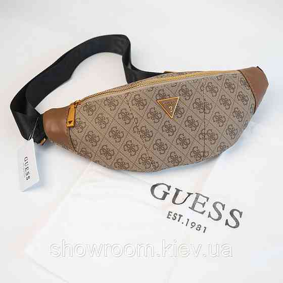 Мужская брендовая сумка бананка на пояс и на грудь (слинг) Guess (7518) светло коричневая Киев
