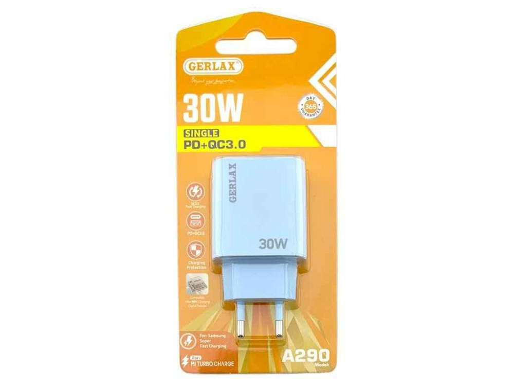 Мережевий зарядний пристрій USB A290 3A/1USB/PD30W/QC3.0 блістер блакитний ТМ GERLAX Київ - фото 1