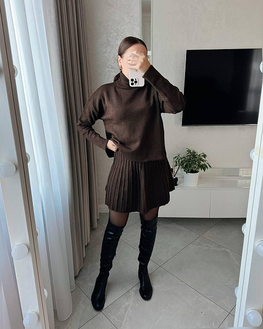 Женский уютный теплый костюм: свитер и юбка мелкая машинная вязка Одесса - изображение 4