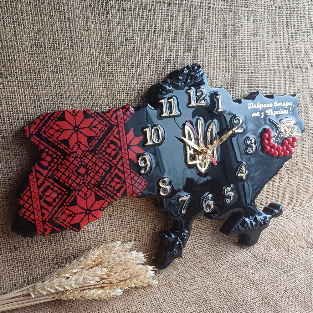 Годинник настінний 100*65 см з епоксидної смоли ручної роботи "Карта України" з кісточками та гербом Дніпро - фото 1