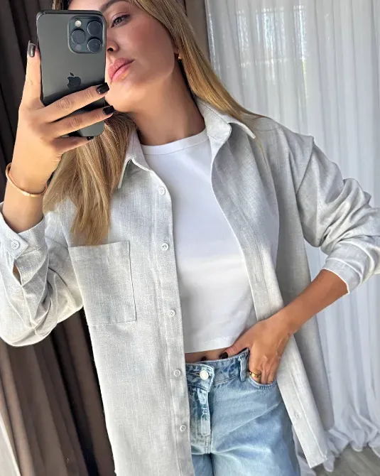 Женская льняная рубашка свободного кроя — мокко, светло-бежевый, светло-серый Одесса - изображение 8