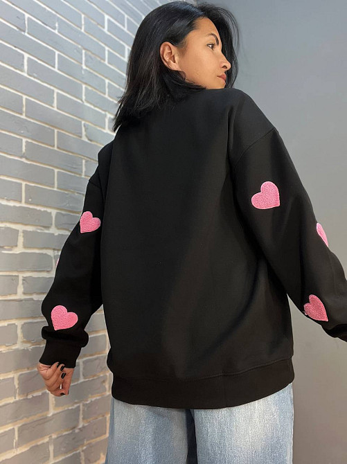 Свитшот женский W 2975 оверсайз с объемными сердцами, черный, one size Киев - изображение 2