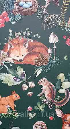 Шпалери флізелінові еко Rasch Kids World 0.53х10 дитячі косулі білки лисиці птиці шишки ягоди на зеленому Київ
