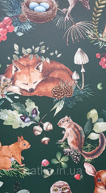 Шпалери флізелінові еко Rasch Kids World 0.53х10 дитячі косулі білки лисиці птиці шишки ягоди на зеленому Київ - фото 2