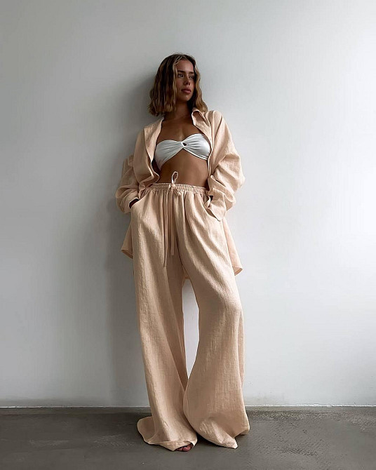 Женский летний оверсайз костюм двойка: рубашка и брюки из смягченного льна креш Одесса - изображение 5