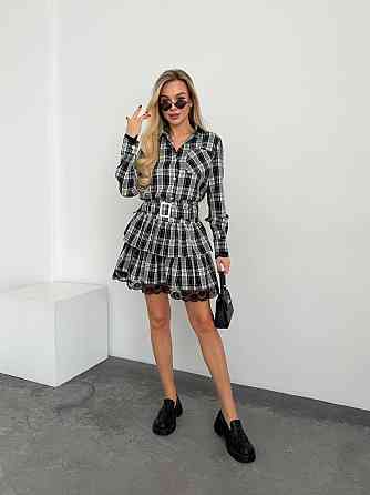 Женский стильный костюм двойка: рубашка и юбка с кружевом фланель Черный, 46/48 Одесса