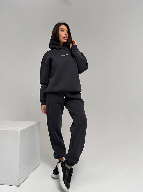 Жіночий стильний спортивний костюм-двійка: худі + штани, тринитка Пен'є на флісі турція Графіт, 46/48 Одеса - фото 5