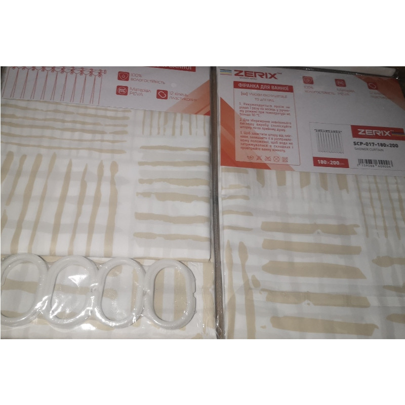 Шторка-фиранка для ванной Zerix SCP-017-180x200 из PEVA (полиэтиленвинилацетата) удлиненная (