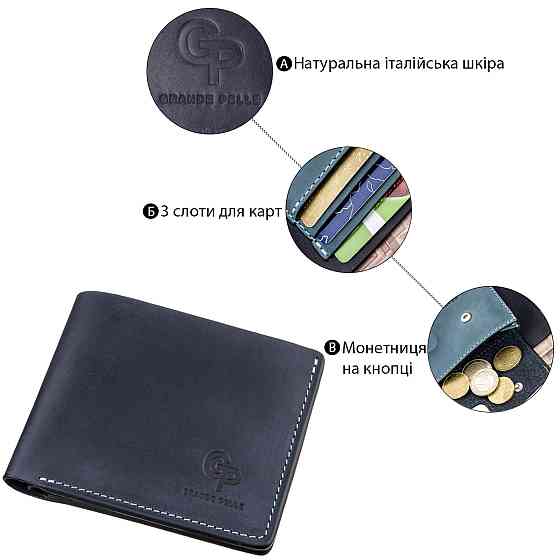 Оригінальна портмоне комбі двох кольорів унісекс на магніті Синє (GRANDE PELLE) Київ