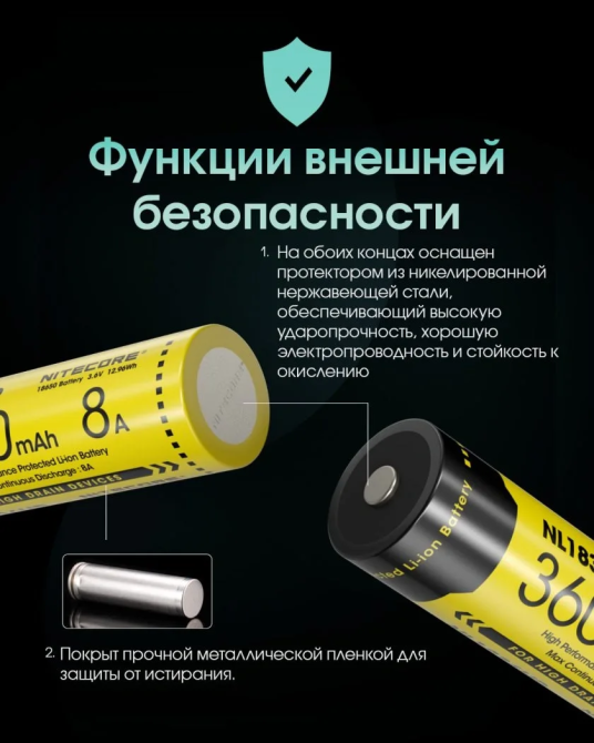 Аккумулятор Li-Ion 18650 Nitecore NL1836HP 3.6V 8A 3600mAh защищенный (Желтый) Винница - изображение 9