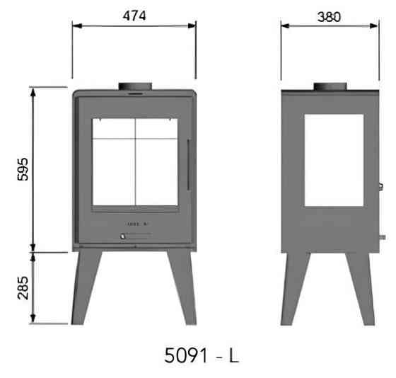 Піч-камін на дровах Hosseven 5091 L 6 кВт панорамна три скла на високих ніжках сталева буржуйка з шамотом верхній димохід Київ