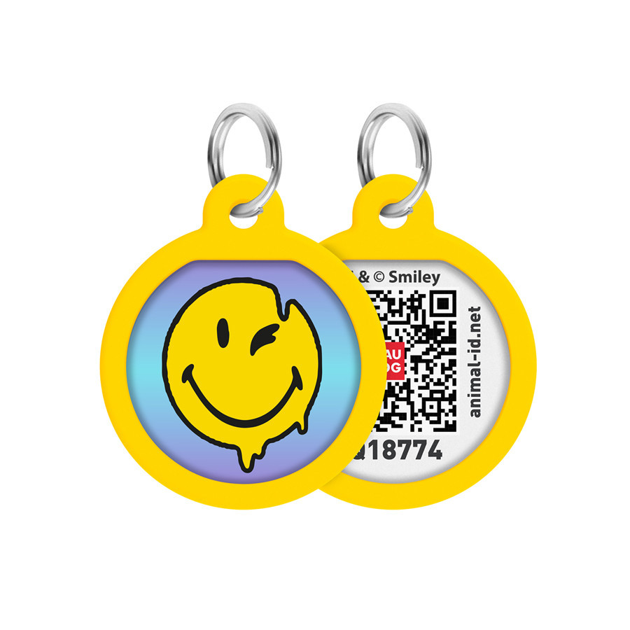 Адресник для собак і котів металевий WAUDOG Smart ID з QR паспортом, малюнок "Смайли на блакитному", коло, Д 25 мм Київ - фото 1