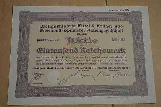 Акція. Німеччина. Wollgarnfabrik Bremen 1000 reichbank 1934 рік aUNC-UNC (5 - 19) Полтава