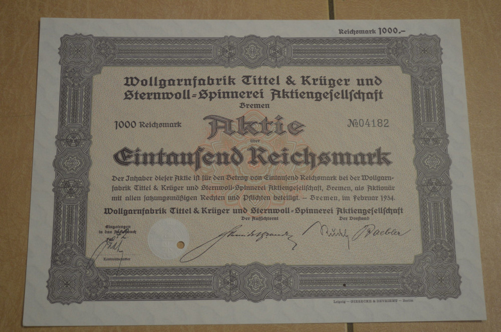 Акция. Германия. Wollgarnfabrik Bremen 1000 reichbank 1934 год aUNC-UNC (5 - 19) Полтава - изображение 1