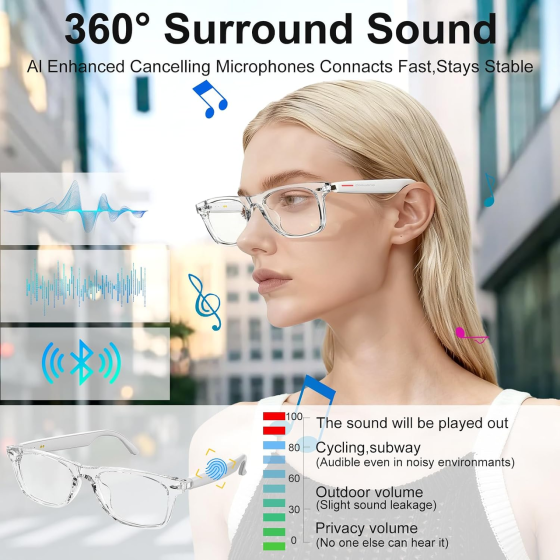 Умные AI-очки Domhong Bluetooth, перевод 164 языков, Open-Ear аудио, микрофон, Hands-Free, UV/Blue Light Киев