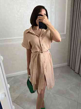 Женское легкое базовое платье халат с поясом на пуговицах турецкий натуральный хлопок - муслин 56/58, Бежевый Одесса