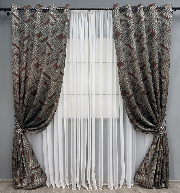 Комплект штор на люверсах VR-Textil Жаккард Mystery № 1623ш Серый с венге 150х280 см 2 шт (37-0205) Киев - изображение 2